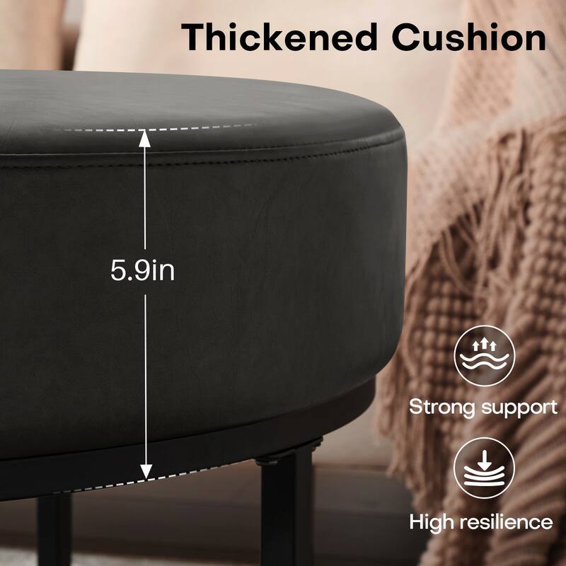 Faux Leather Round Ottoman for Living Room with Metal Legs