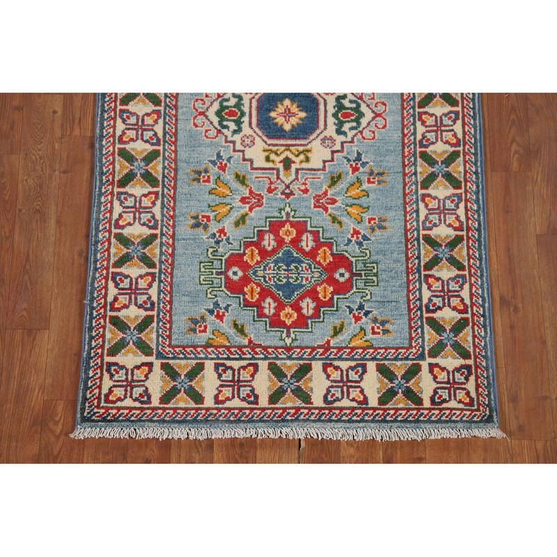 Light Blue Kazak Oriental Runner Rug Handmade Traditional Wool Carpet - 2'9" x 9'7"