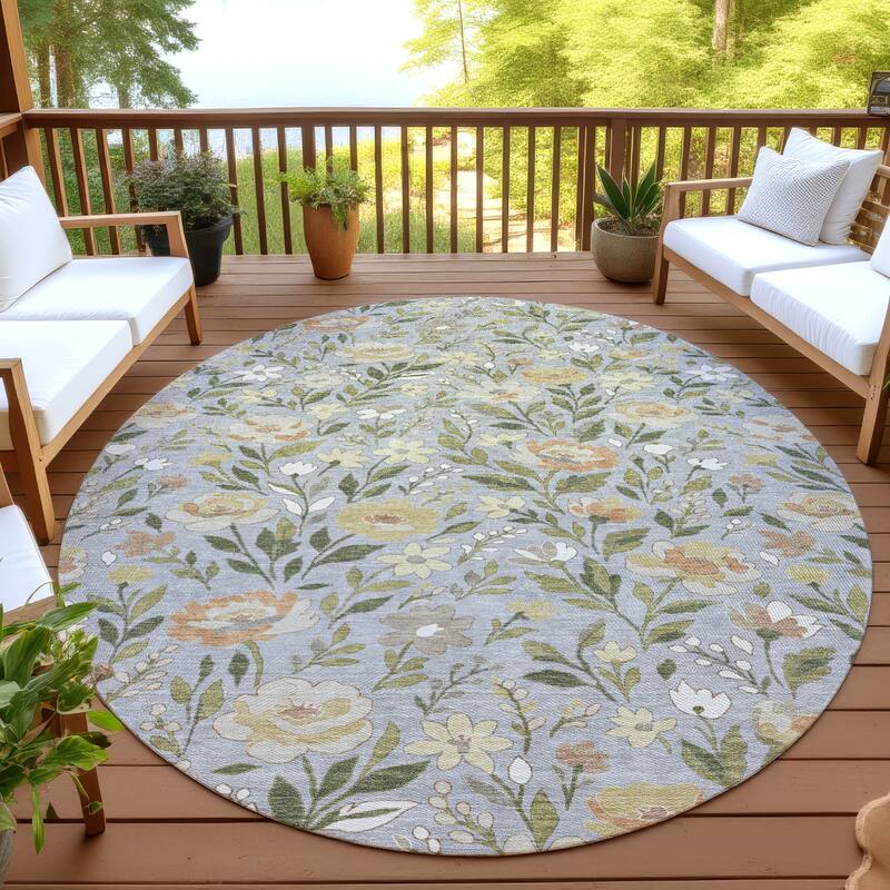 Machine Washable Indoor/ Outdoor Floral Garden Chantille Rug - Gray - 8' x 8'