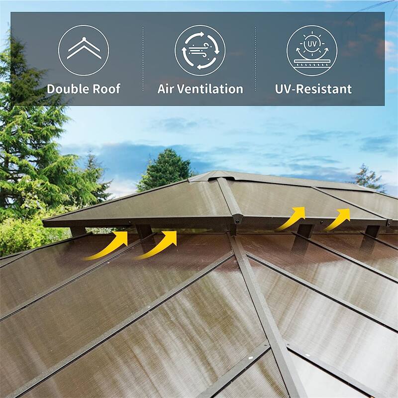GDFStudio - Everett Permanent Outdoor Gazebo Pavilion with Double Roof and Full Privacy Setup
