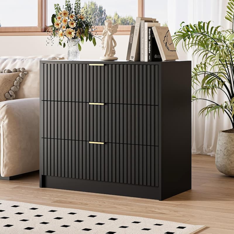 3 Drawer Fluted Dresser, 32 Inch Wide Nightstand with Large Drawer End Table for Bedroom