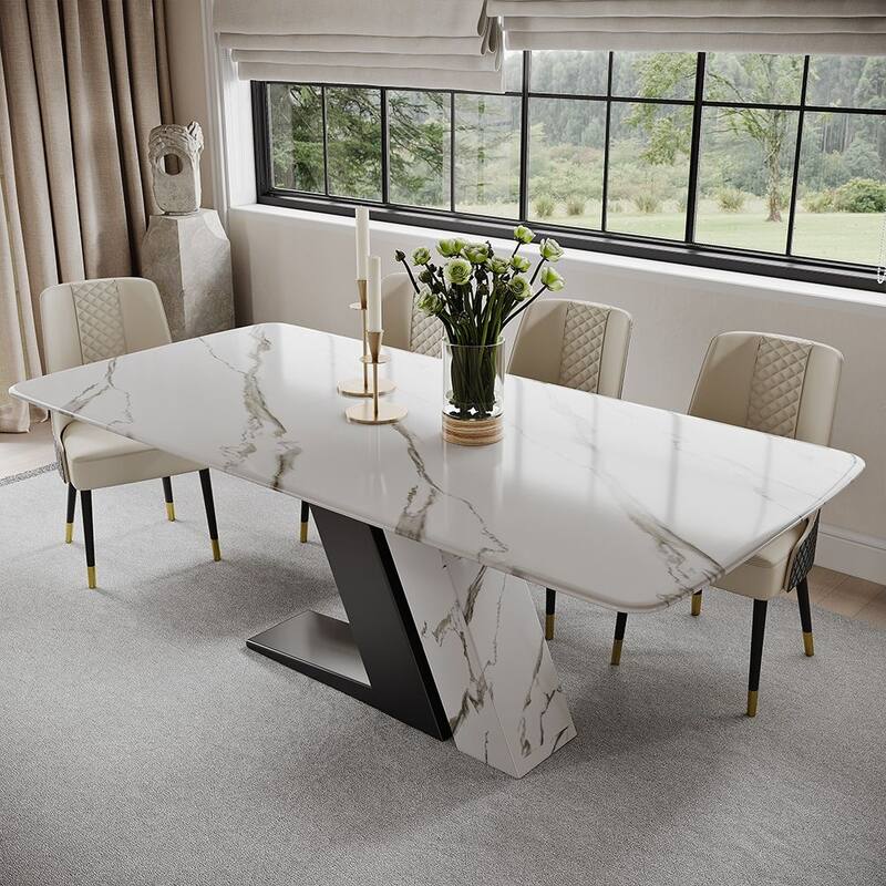 Modern and Luxury White Dining Table, with Rectangular Sintered Stone Tabletop Z-shaped Stainless Steel Base