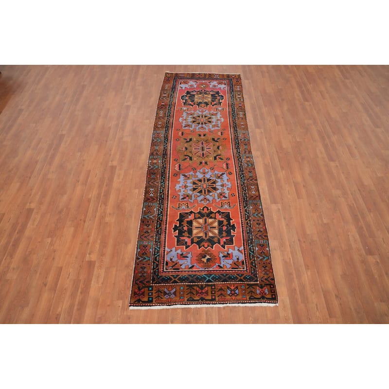 Hand Knotted Oriental 100% Wool Carpet Traditional Geometric Oranges & Rust Heriz Runner Rug - 9' 11'' X 3' 5''