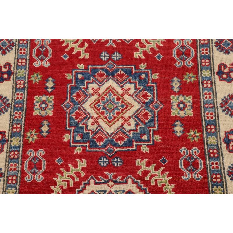 Geometric Red Kazak Foyer Rug Hand-Knotted Traditional Wool Carpet - 2'8" x 4'1"
