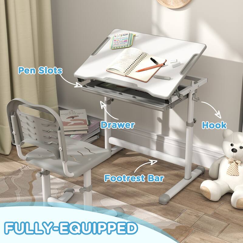 Adjustable Kids Desk and Chair Set Gray MDF Steel with Tilt Desktop and Drawer for Children Ages 6-12