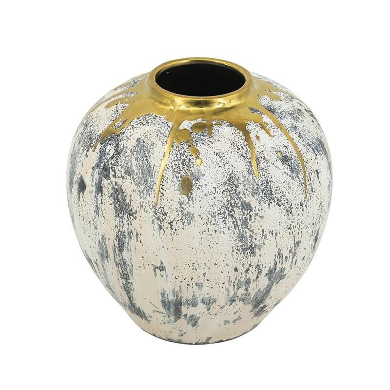 12" Gray Ivory And Gold Modern Abstract Ceramic Table Vase - 11.80
