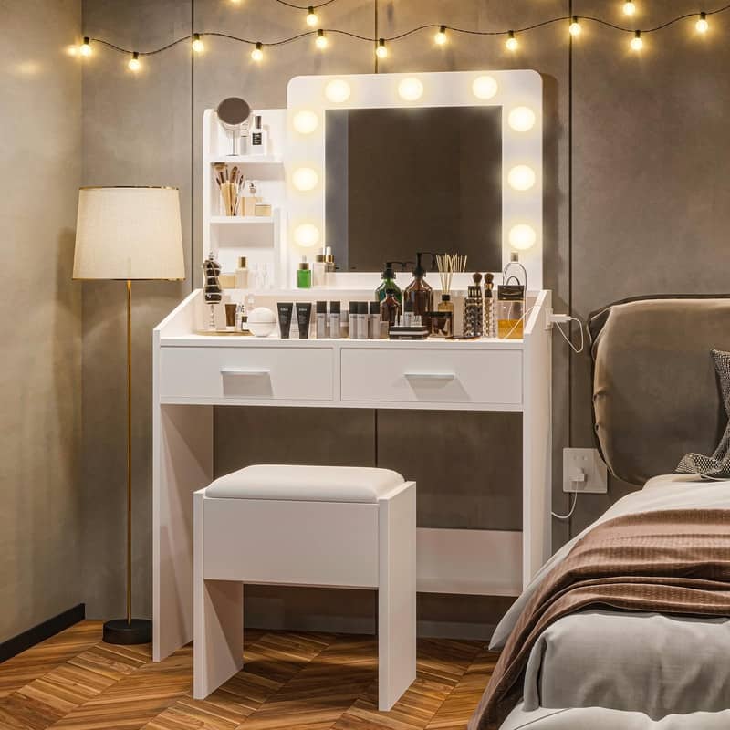 Makeup Vanity Desk with Mirror and Stool, Charging Station, 2 Drawers, 3 Shelves