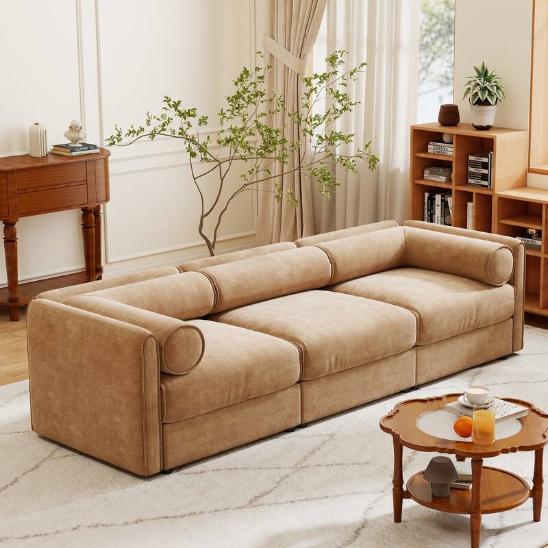 Modern Chenille 6-Seater Sofa with Ottoman Storage, Hidden Storage, Cylindrical Cushioned Arms and Backrest