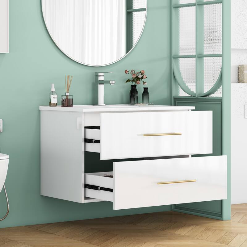 30-Inch Gloss Wall-Mounted Bathroom Vanity with Sink Combo, Double Drawers,Ceramic Sink,Long Metal Handle