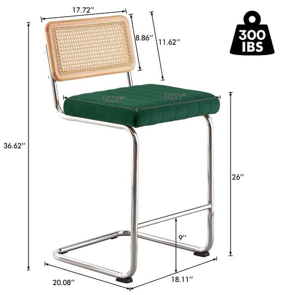 dimension image slide 13 of 15, Velvet Upholstered Rattan Counter/Bar Stools, Set of 2/3