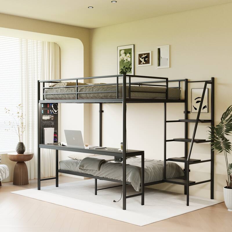 Full Size Bunk Bed with Twin Size, LED light and Charging Socket - Black