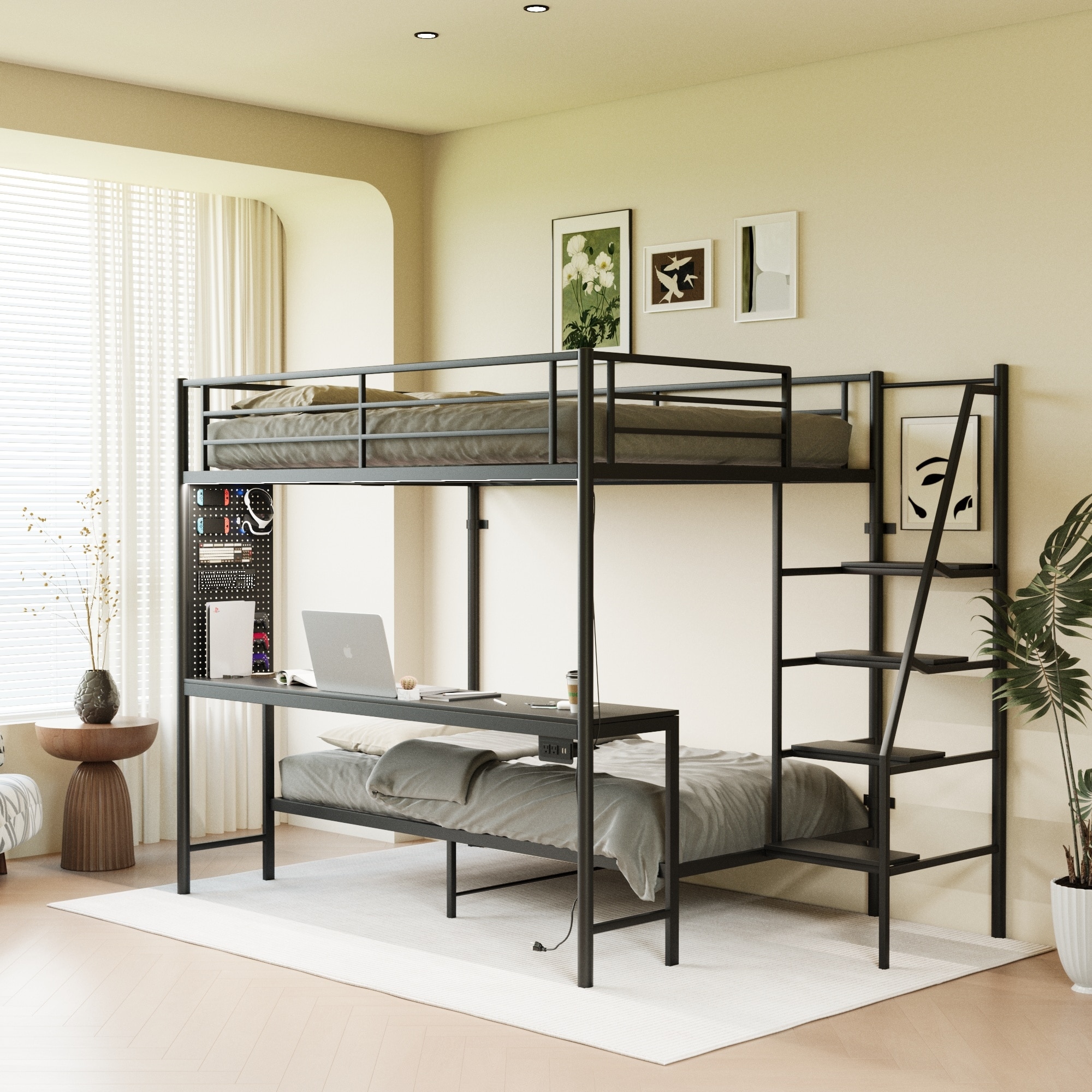 Metal Bunk Bed with Built-in Desk, Charging Station and LED Lighting