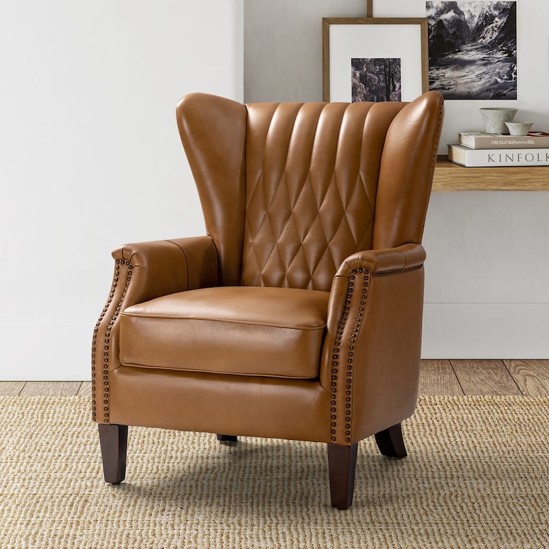 Xaver Traditional Genuine Leather Button-tufted Armchair With Solid Wood Legs and Thick Padded Seat Cushion by HULALA HOME