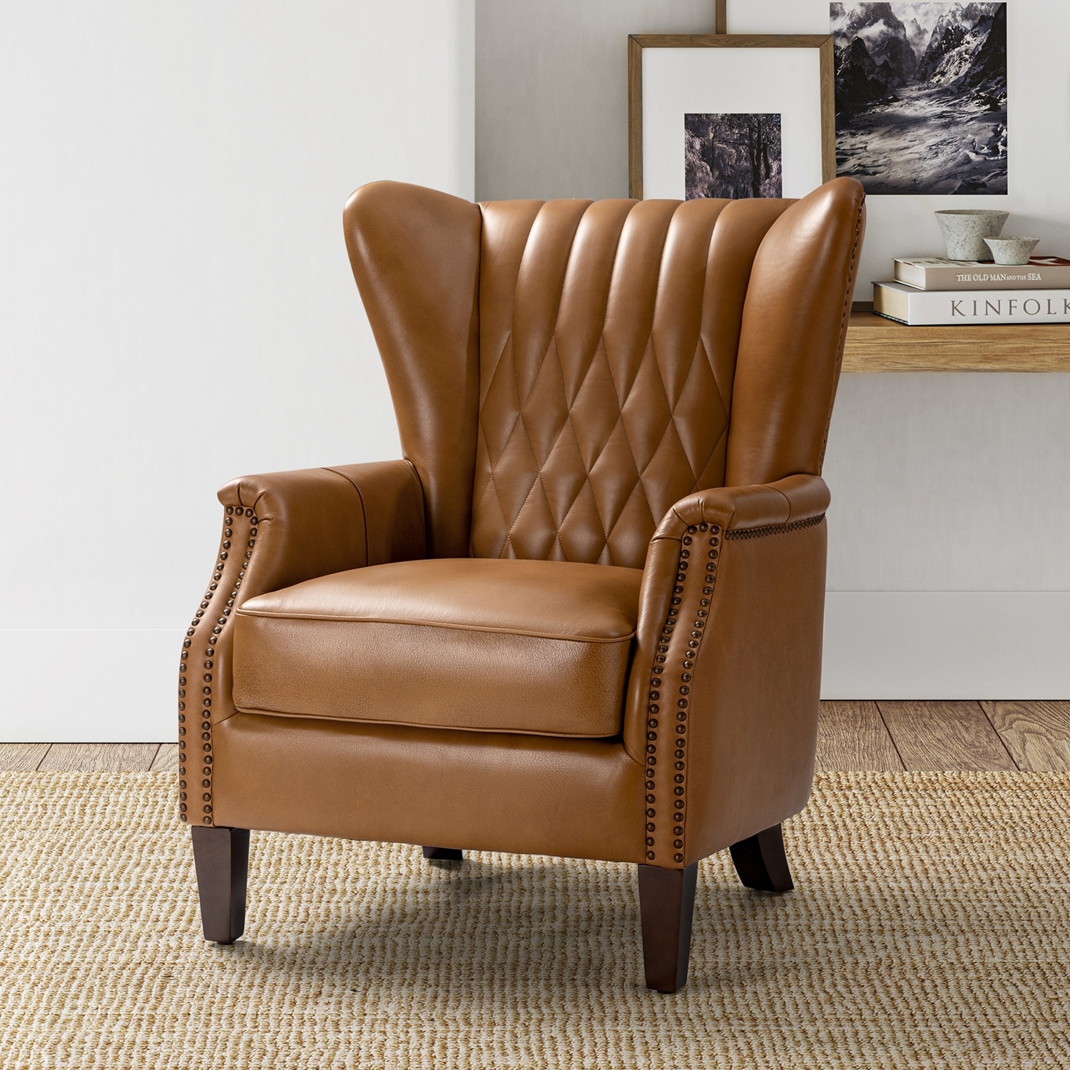 HULALA HOME Xaver Traditional Genuine Leather Button-tufted Armchair With Solid Wood Legs and Thick Padded Seat Cushion