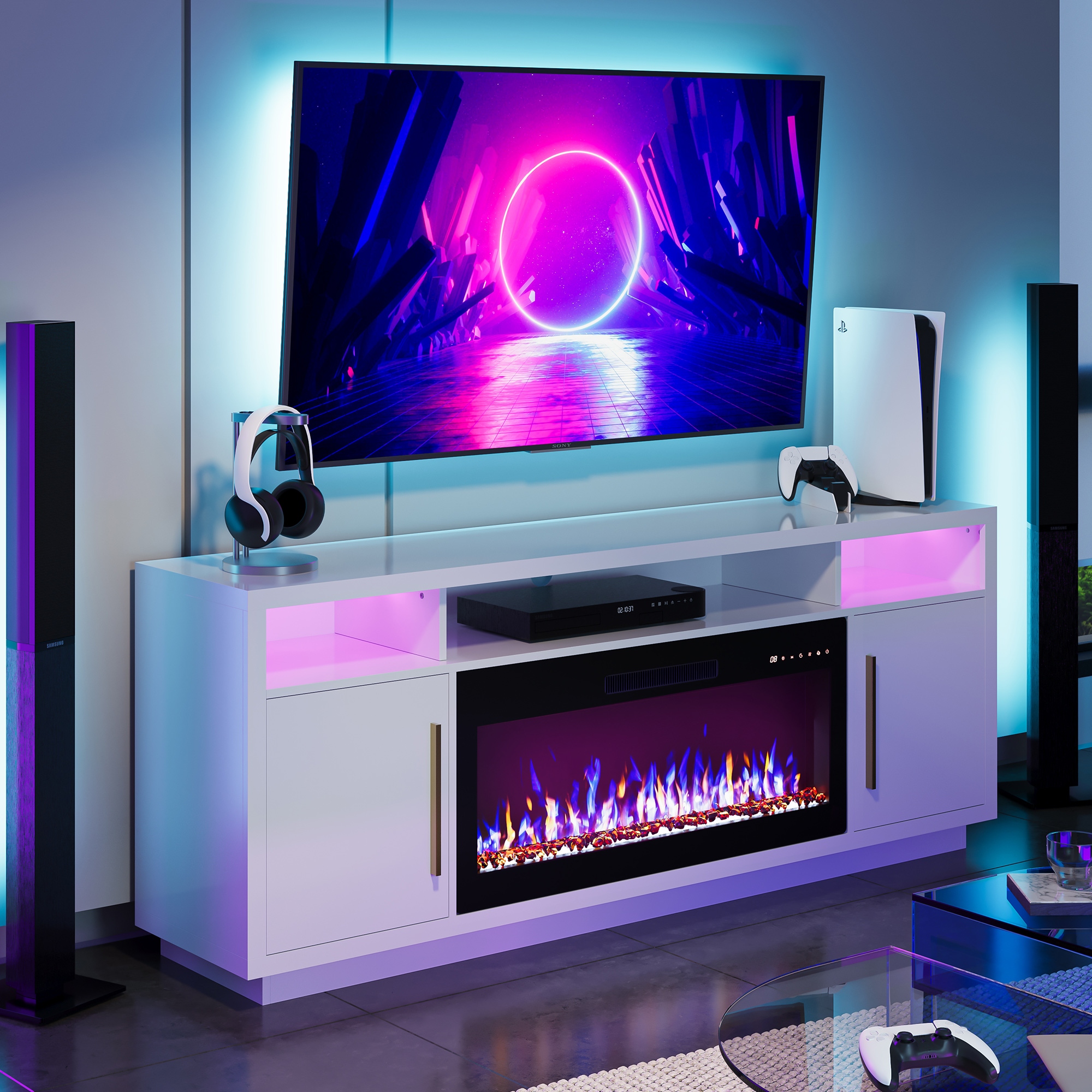 Tv stand with led hot sale lights and fireplace