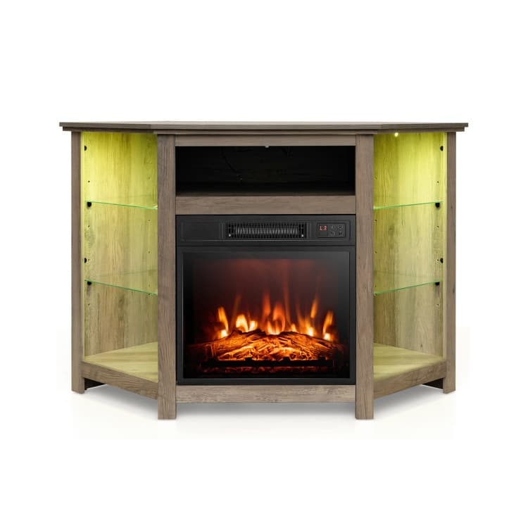 Electric Fireplace Corner TV Stand with LED Lights and Adjustable Glass Shelves - 45" x 22" x 30"