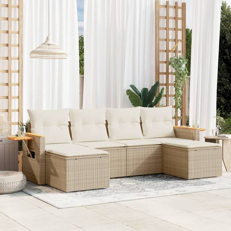 vidaXL Patio Sofa Set with Cushions Outdoor Furniture 6 Piece Poly Rattan - 21.7 x 21.7 x 14.6 in - Beige and cream