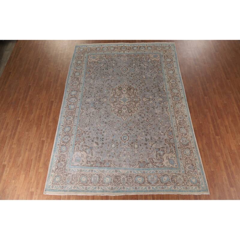 Hand Knotted Oriental 100% Wool Carpet Traditional Floral Greys & Charcoal Tabriz Area Rug - 13' 3'' X 9' 4''