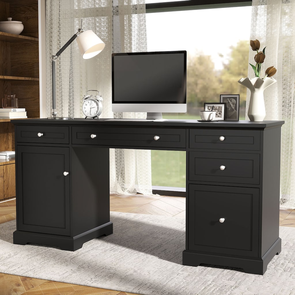 60W Black Pedestal Desk Office Desk with Drawers, File Cabinet