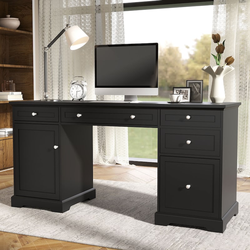 60W Black Pedestal Desk Office Desk with Drawers, File Cabinet