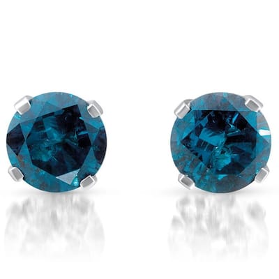 1 ct Treated Blue Round Cut Diamond Studs White Gold