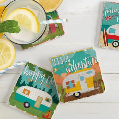 Counterart Absorbent Stone Coaster, Happy Campers, Set of 4 - 4.01x4.08
