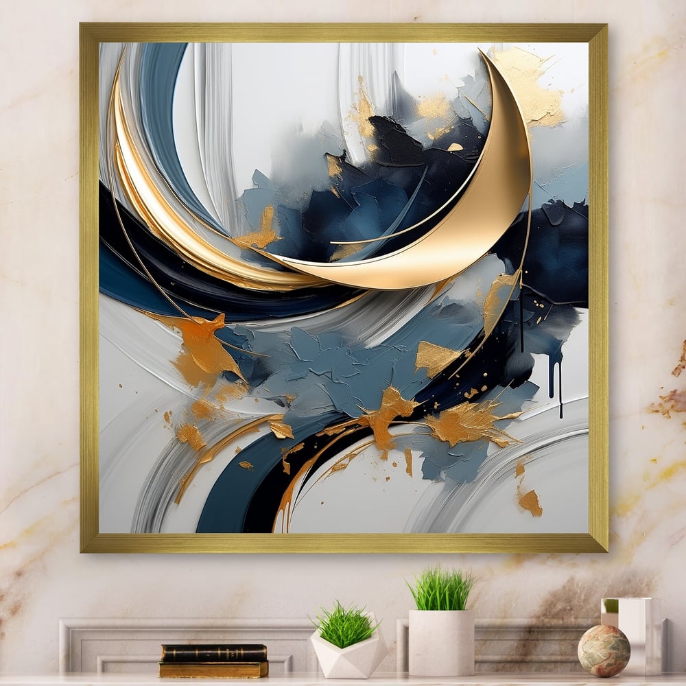 Designart "Abstract Golden Blue Whirls Of Serenity II" Abstract Fractal Gold - Modern Entryway Framed Wall Art Print