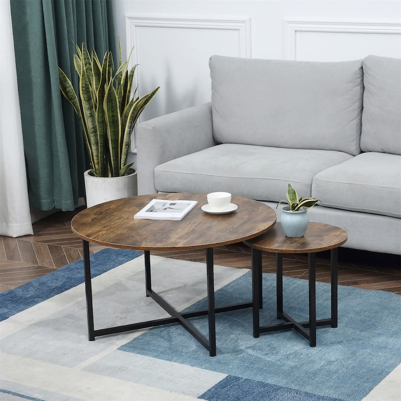 Round Coffee Table Set of 2 - Rustic Brown