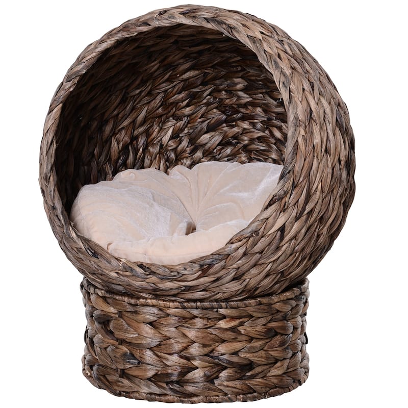 PawHut Cat Braided Banana Leaf House Enclosure, Designed for Indoors and Includes Super Soft Cotton Bed, 23.5" H, Grey
