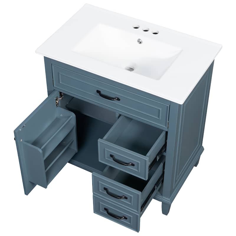 30 Inch Bathroom Vanity with Ceramic Sink Top, Flip Drawers, Freestanding Storage Cabinet (Faucet Not Included)