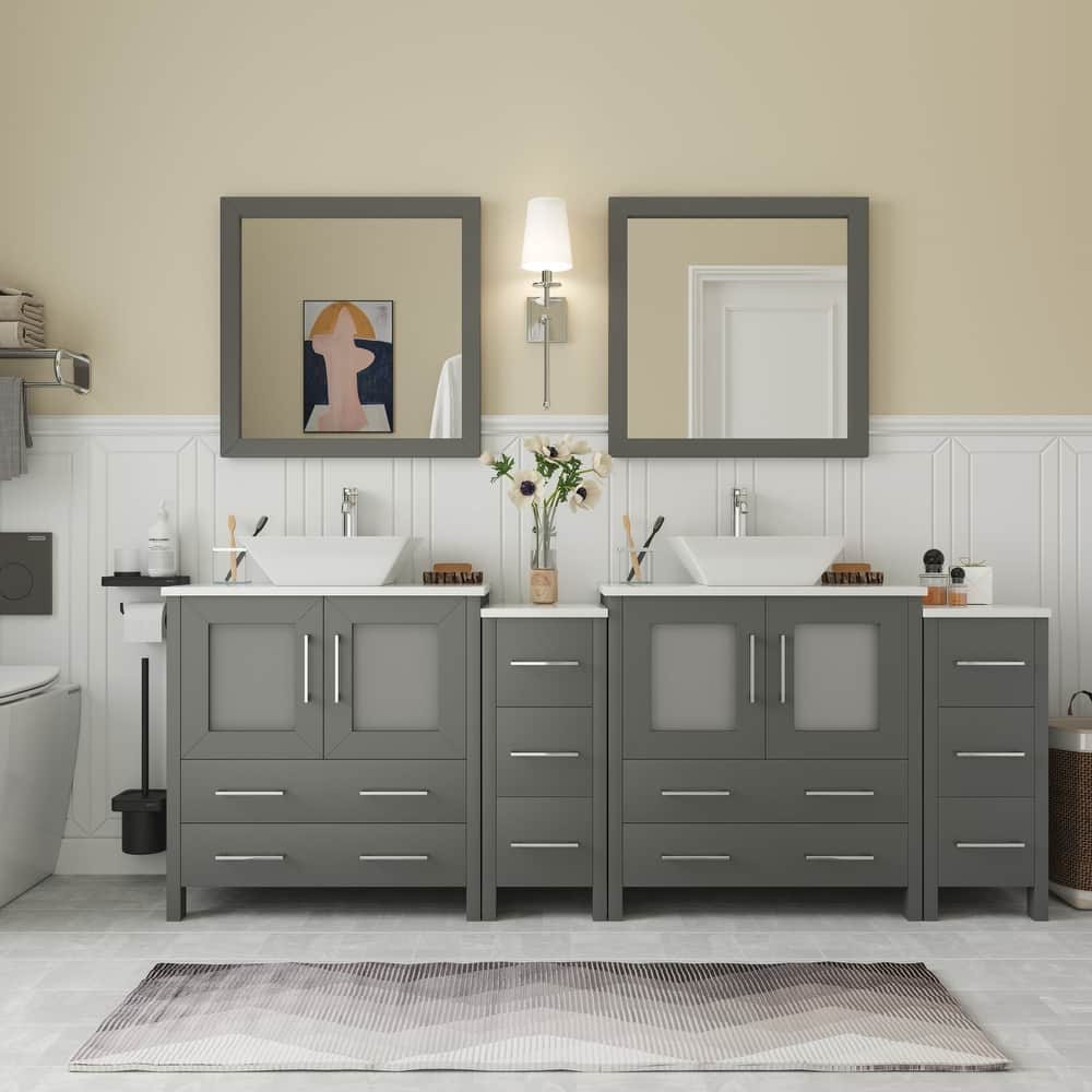 Vanity Art 84-inch Double Sink Bathroom Vanity Set with Engineered Marble Top and Free Mirror - 84 x 18.5 x 36 Inches