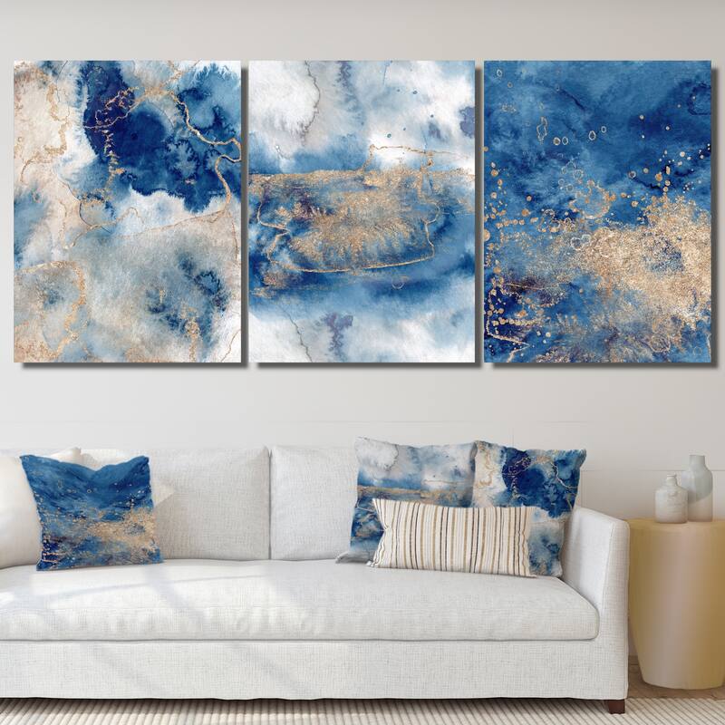 Designart 'Blue And Gold Marble Clouds III' Modern Art Set of 3 Pieces