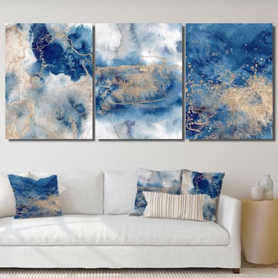 Designart 'Blue And Gold Marble Clouds III' Modern Art Set of 3 Pieces