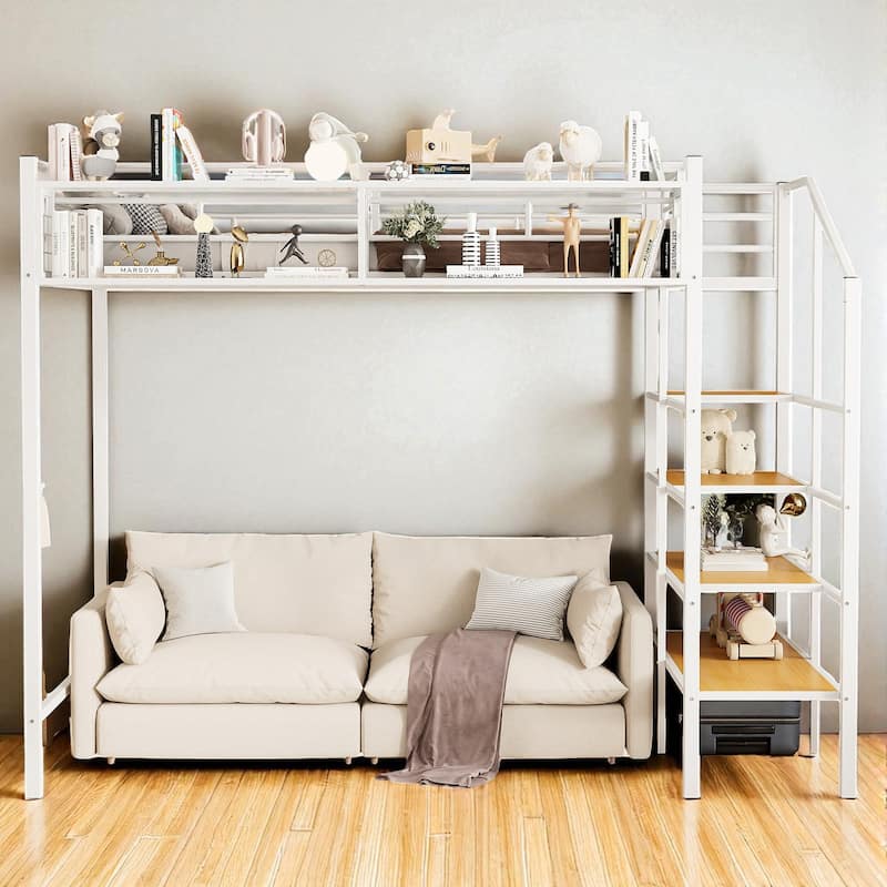 Twin Size Metal Loft Bed with Grid Storage Shelf and 4-Tier Lateral Ladder Shelves - White - Twin