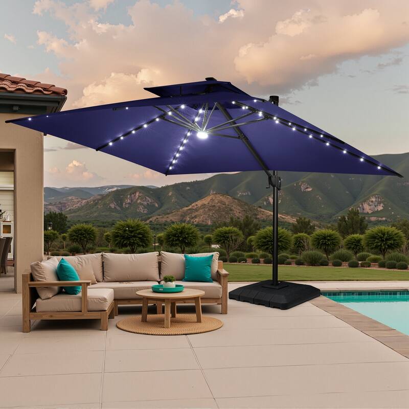 Outdoor Patio LED Lighted Cantilever Umbrella with 4-Piece Fillable Weighted Base - Navy Blue