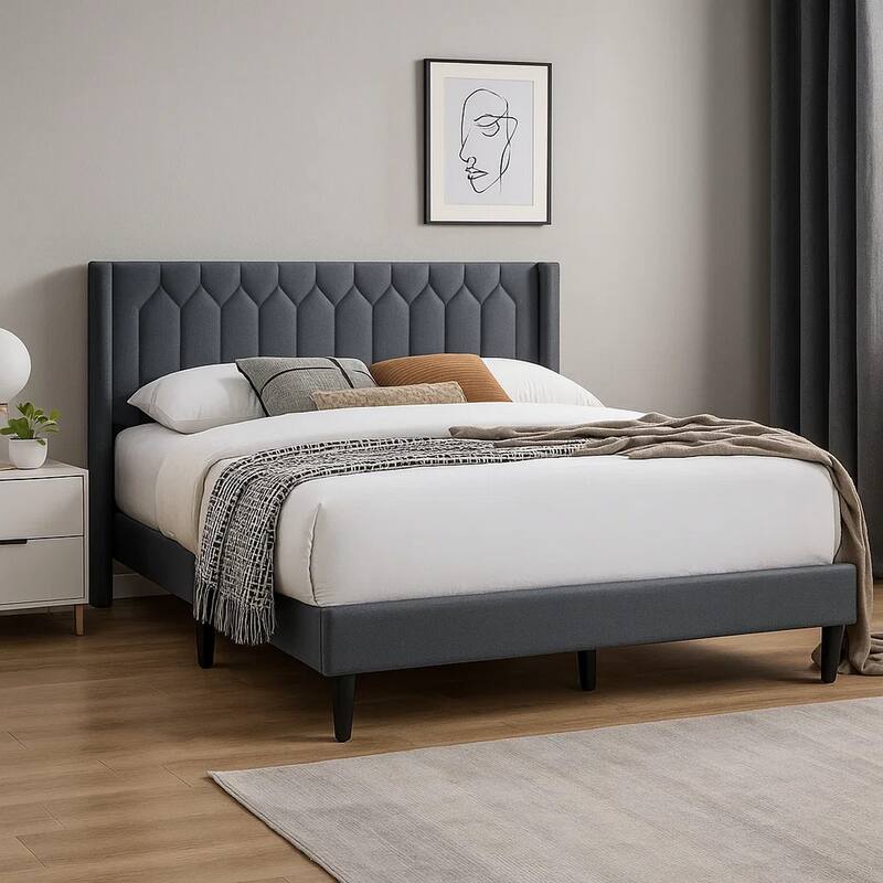 Liana Full Bed, Tufted Charcoal Gray Burlap Upholstery, Foam Padding
