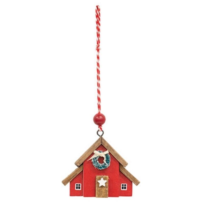 Red Wooden Christmas Barn Ornament with Flocked Wreath Hanging Holiday Decor 4.5x3.75 in - 4.50 x 1 x 3.75 in. - Red