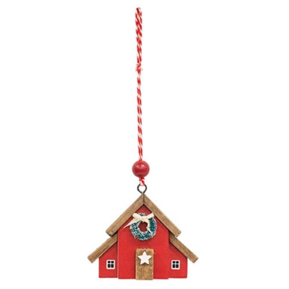 Red Wooden Christmas Barn Ornament with Flocked Wreath Hanging Holiday Decor 4.5x3.75 in - 4.50 x 1 x 3.75 in.