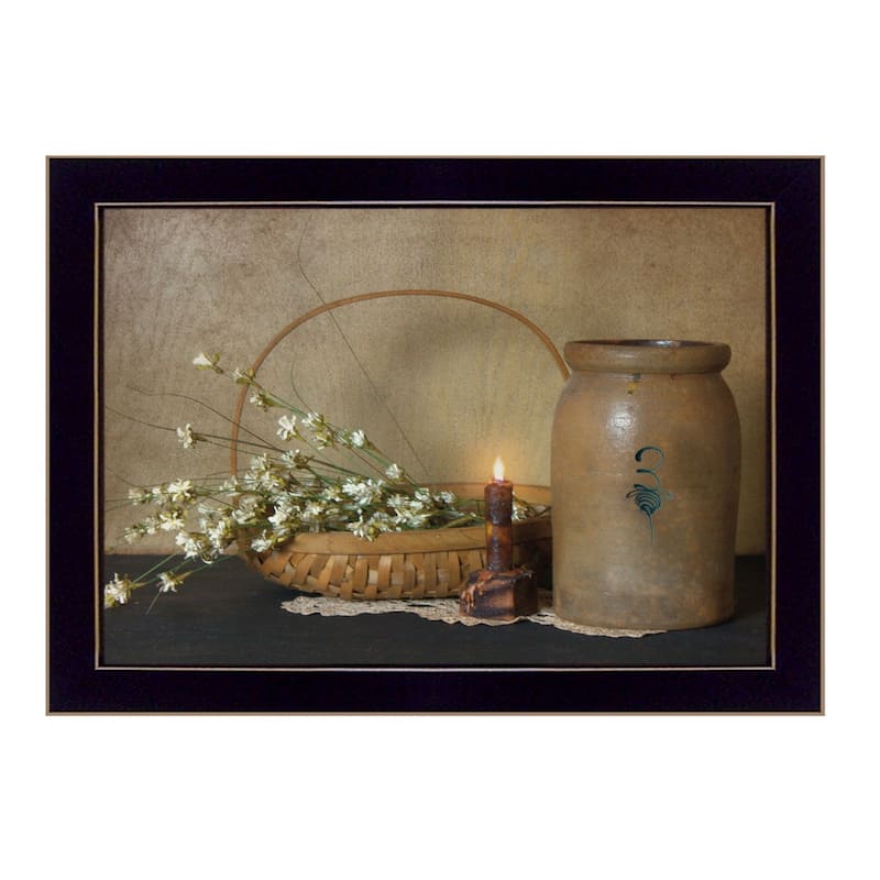 TrendyDecor4U Farmhouse "Basket of Flowers" Framed Print Wall Art by Susie Boyer - Brown, White, Blue, Tan, Earth Tones