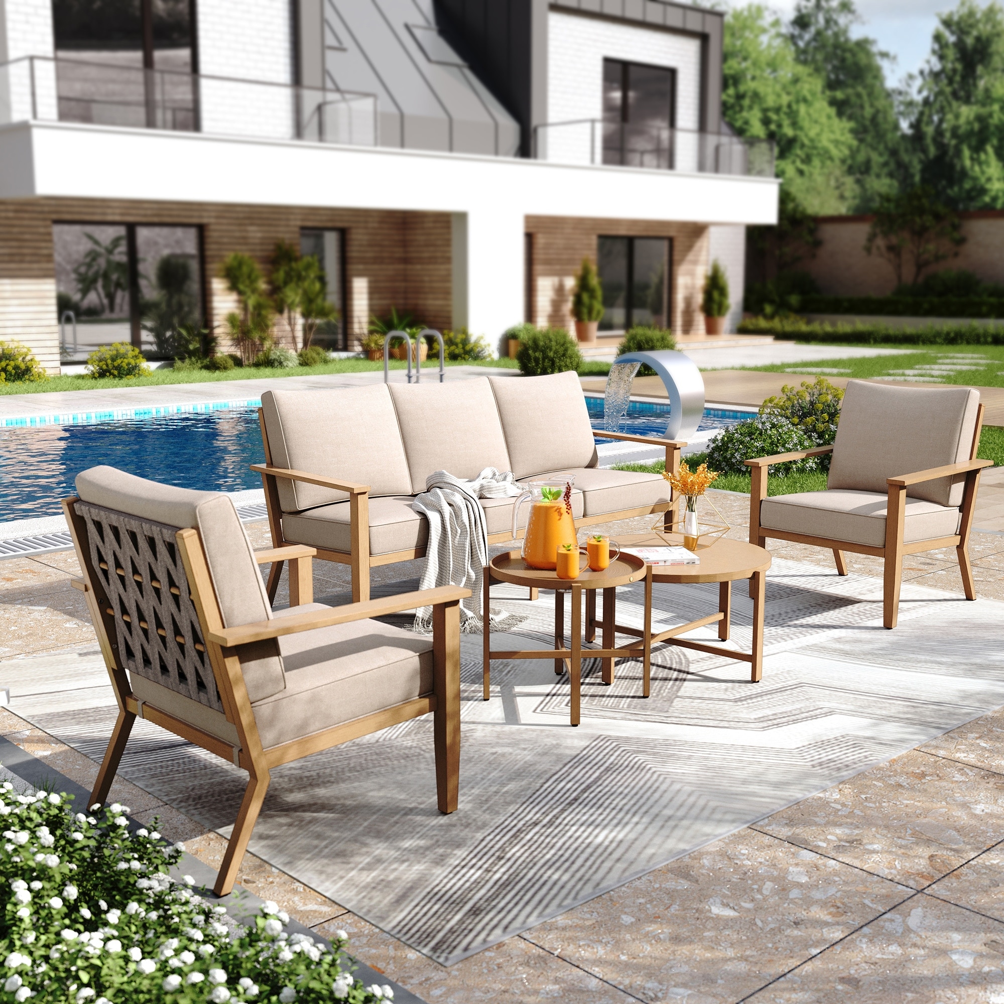 MAISON ARTS 5/7 Seats Outdoor Webbing Design Sofa Set, Patio Conversation Set with Round Coffee Table