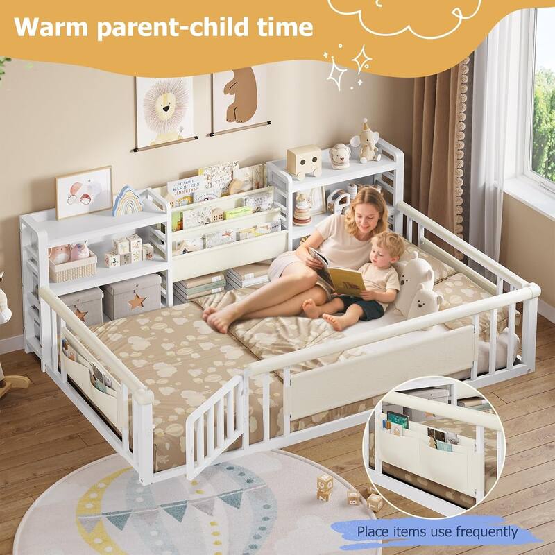 Twin Floor Bed for Kids with High Fence Door Storage Bookcase & Shelf