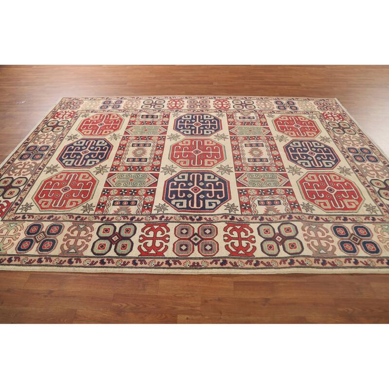 All-Over Geometric Kazak Area Rug Handmade Wool Carpet - 6'9" x 9'6"