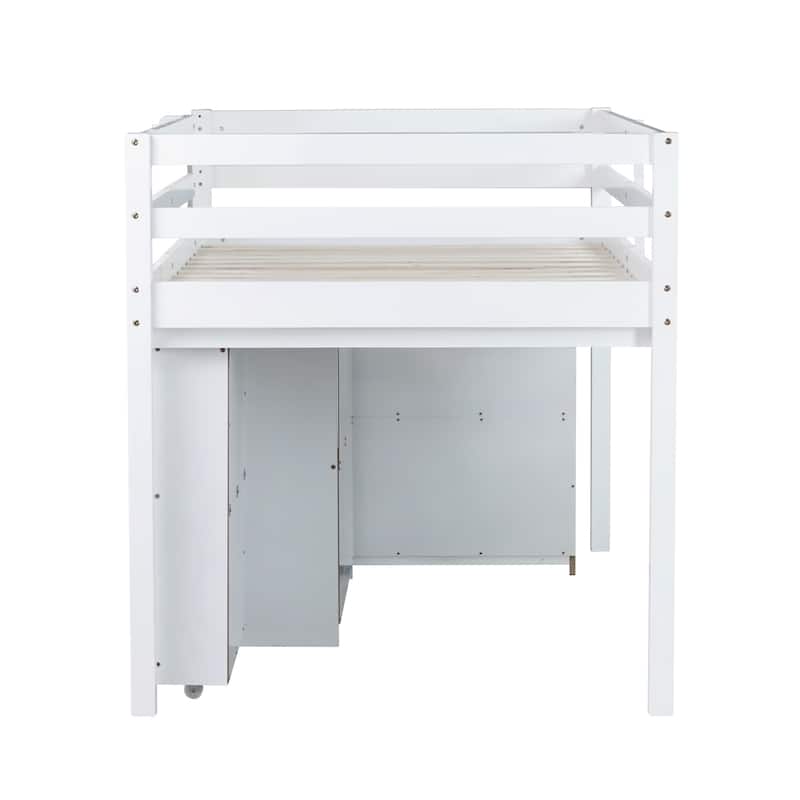 Twin Rubber Wood Loft Bed with Drawer Cabinet, Shelf,Pulling -Out Desk