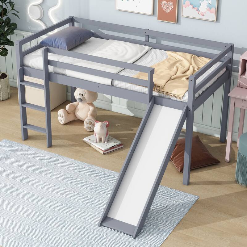 Low Loft Twin Bed with Slide, Ladder, Safety Rails, Rubber Wood Frame, Grey