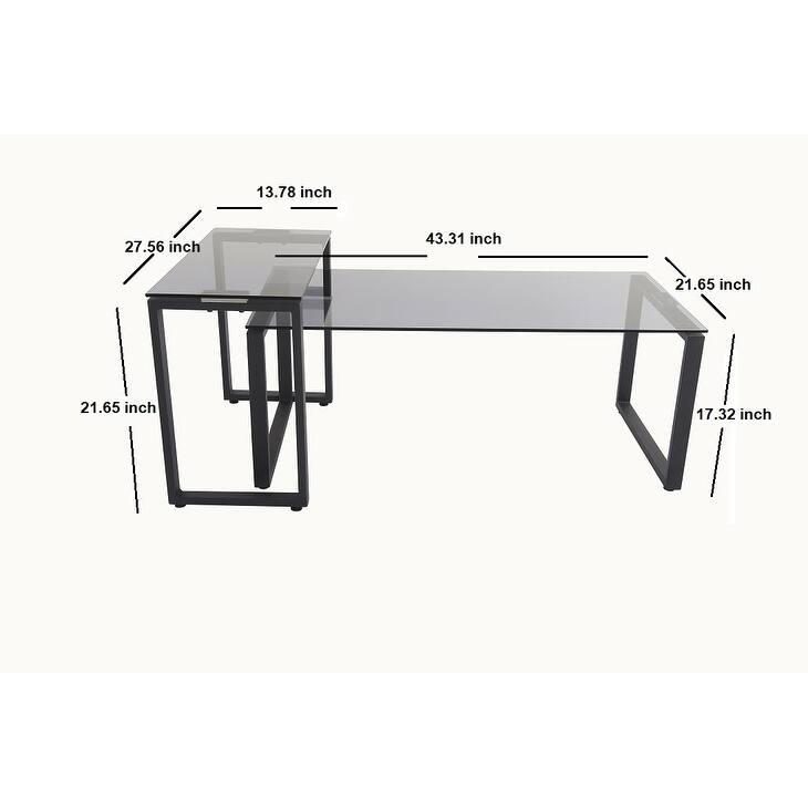 Grey Glass Top and Metal Frame Modern Rectangular Nesting Table Set for Living Room (Set of 2)