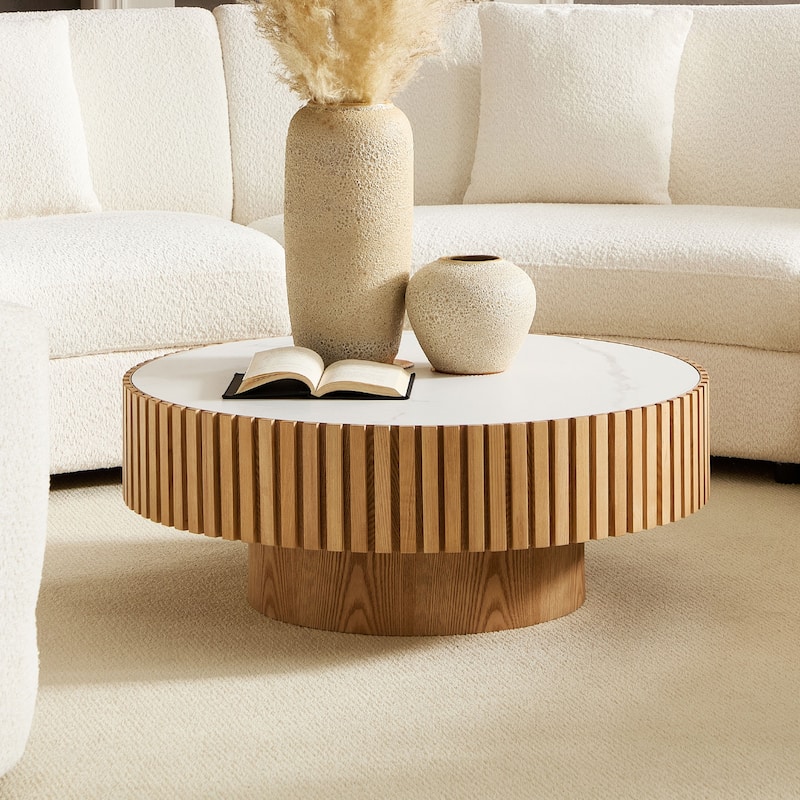 Luxury Round Coffee Table with Faux Marble Top, 35.43" Modern Low Drum Shape Cocktail Table for Living Room, Reception Room
