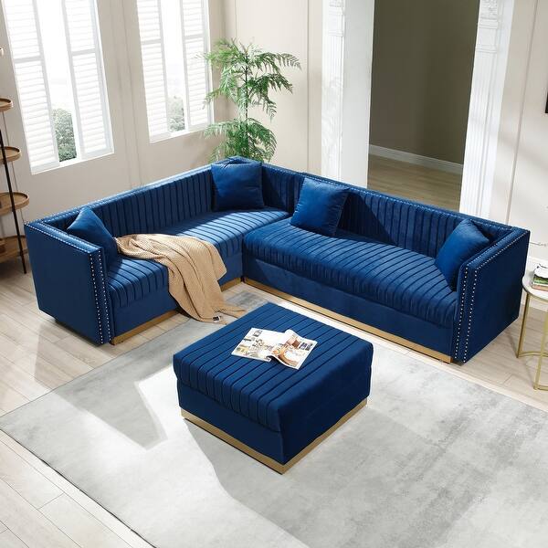Velvet Sectionals Sofa w/ Lshape Chaise Lounges Ottoman, Pillow, Blue