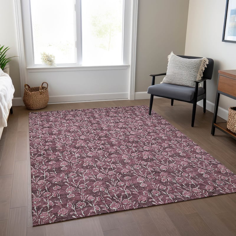 Machine Washable Indoor/ Outdoor Chantille Modern Floral Impressions Rug - Merlot - 8' x 10'