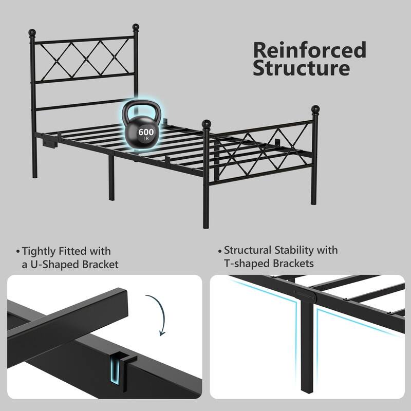 Twin Size Metal Platform Bed with RGB LED Lights,Charging Station,Heavy Duty,Remote and App Control,Under Bed Storage