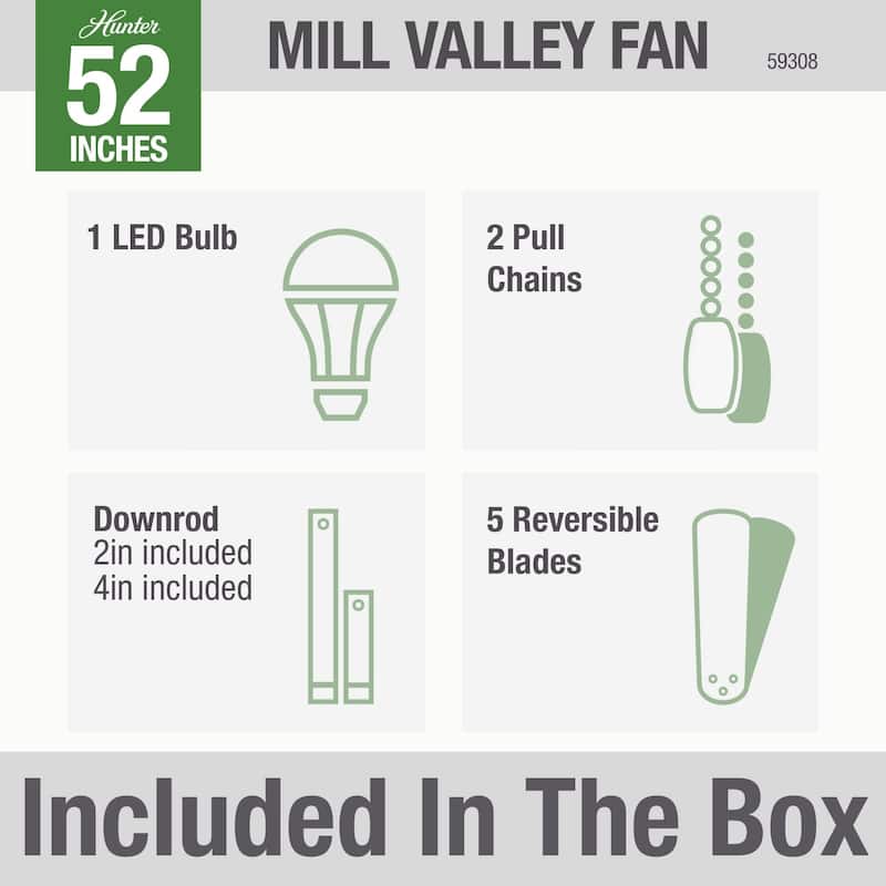 Hunter 52" Mill Valley Outdoor Ceiling Fan with LED Light Kit and Pull Chain - Farmhouse, Industrial, Rustic - DAMP RATED!